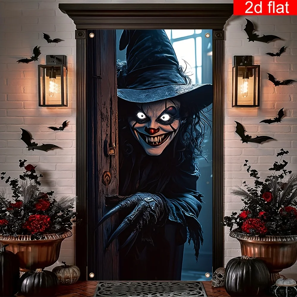 1 piece of 2D banner, Scary Witch Curtain - Halloween front door decoration, thrillers themed celebrations and seasonal events