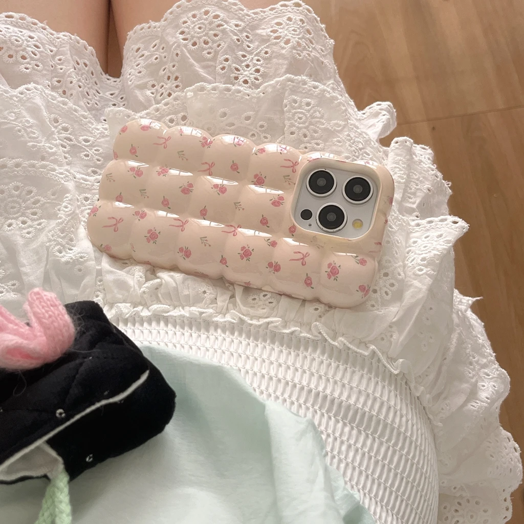 Ins Full Screen Pink Flower Bowknot Stereoscopic Lattice Shockproof Protective Cover Case for iPhone 16 15 14 13 12 11 Pro Max