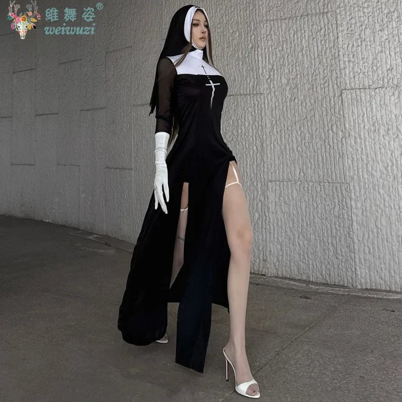 

Halloween Party Adult Black Fancy Cross Robe Headdress Female Anime Nun Costume Role Play Performance Clothes Sexy Cos Uniform