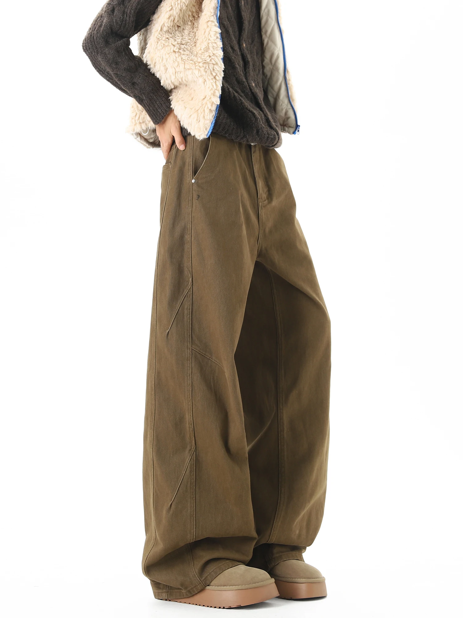 

Мужские зимние брюки в американском ретро-стиле, свободные, широкие, прямые, повседневные, с эффектом сращивания, длинные