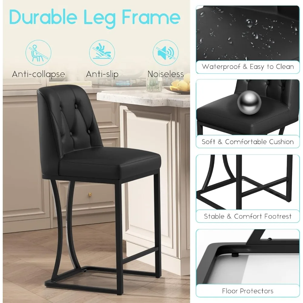 مجموعة مقاعد بار بارتفاع عداد مكونة من 4 قطع، كراسي بار حديثة من جلد البولي يوريثان مقاس 24 بوصة مع ظهر لجزيرة المطبخ #5