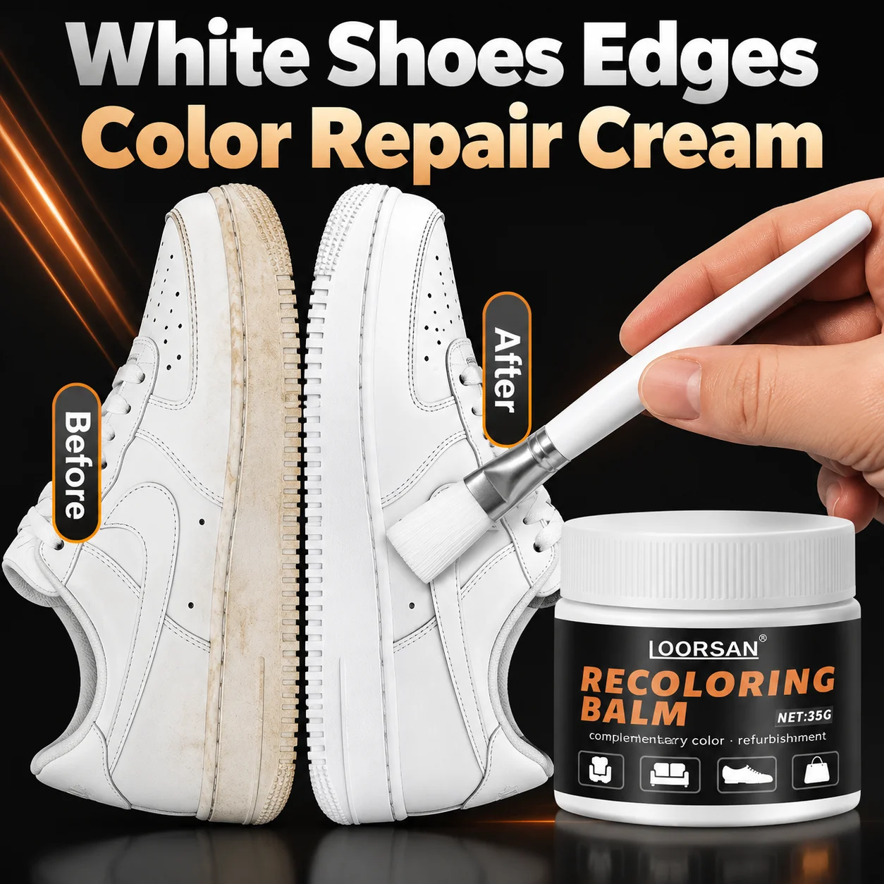 Loorsan White Shoe Recoloring Balm For Sneakers Bags Sofas 35g Smooth Cream Easy Apply Scuff Repair Restore Finish