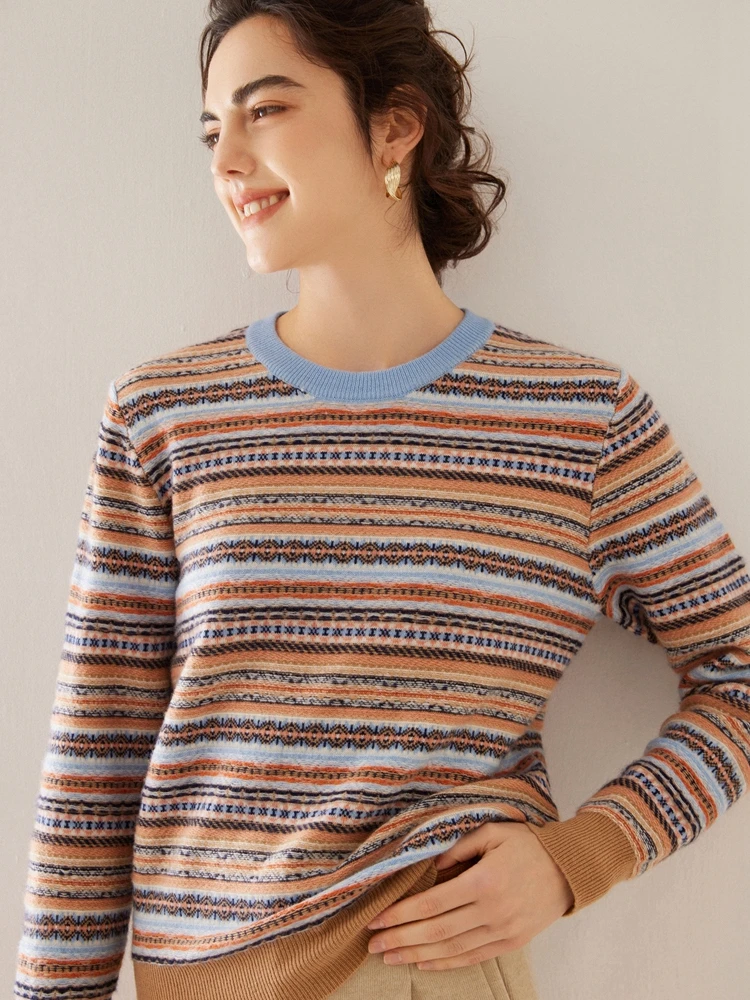 ADDONEE Women Jacquard Cashmere Sweater Autumn Winter O-neck Pullover 100% Cashmere Knitwear Vintage Style Clothing Soft Warm