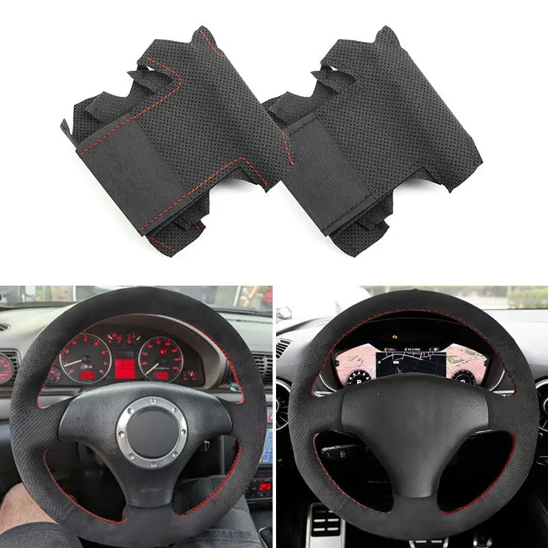 Hand-Braids Suede Leather Car-styling Interior Steering Wheel Cover Trim For Audi 3-Spoke A3 2000-2003 A4 2003-2005 S4 TT RS 6