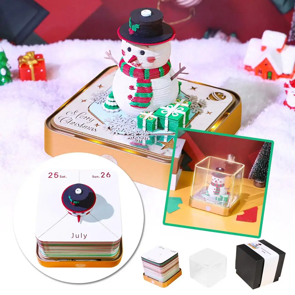 3D Paper Art Calendar With Lights Desk Timepiece Calendar 2026 Tear-Away 3D Xmas Cute Snowman Notepad Christmas Gift For Friend