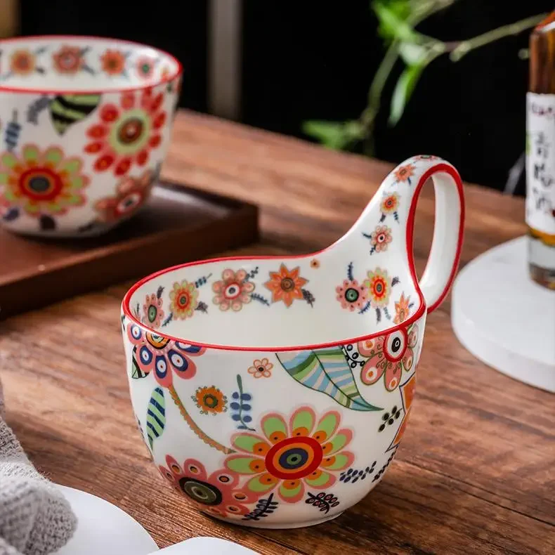 Mugs Originality Breakfast Milk Multifunctional Ceramics Water Cup Kitchen Drinkware Retro Light Luxury Flower Pattern