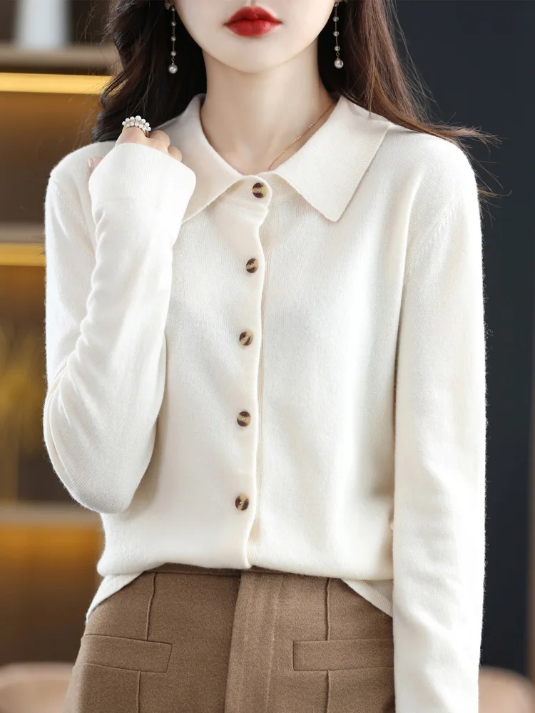 Long Sleeve Women Sweater Autumn Winter 100% Merino Wool Cardigan Solid Turn Down Collar Cashmere Knitwear Korean Fashion Tops