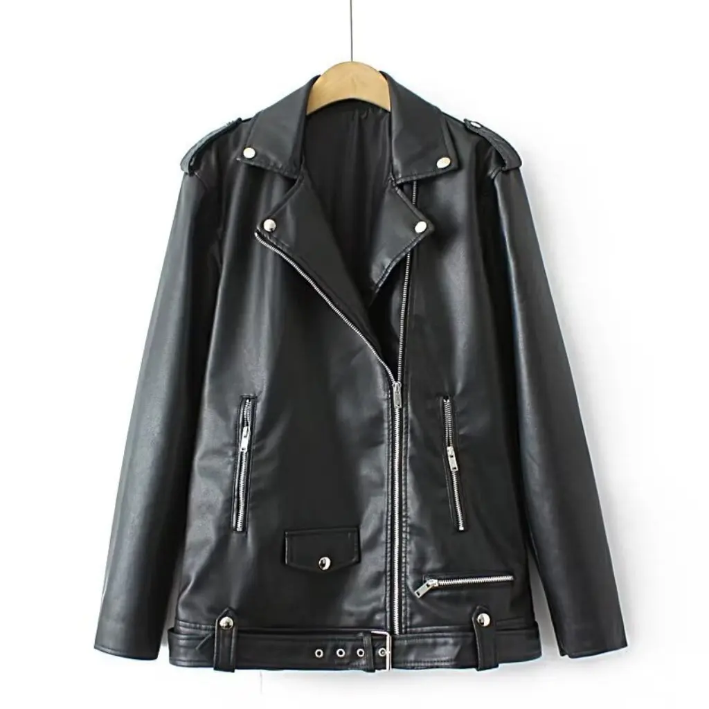 Chaqueta de moto de cuero PU lavada para mujer, abrigo corto con cremallera oblicua, ropa de abrigo de cuero bonita para mujer