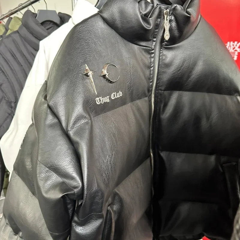 

Front Back Star Moon Jewelry Windproof Thug Club Jacket Loose Top Zipper Cardigan High Neck Thick Leather Jacket Men Women Coat