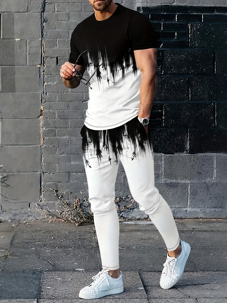 

Новый мужской модный комплект: футболка с коротким рукавом + брюки, повседневный спортивный костюм из двух предметов, весенний мужской спортивный комплект в уличном стиле, свободный крой