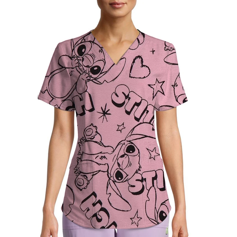 

2025 Disney Uniform Women's Cartoon Stitch Print Nurse Work Shirt Pocket Gown Christmas Healthcare Nurse Scrubs Y2K Top