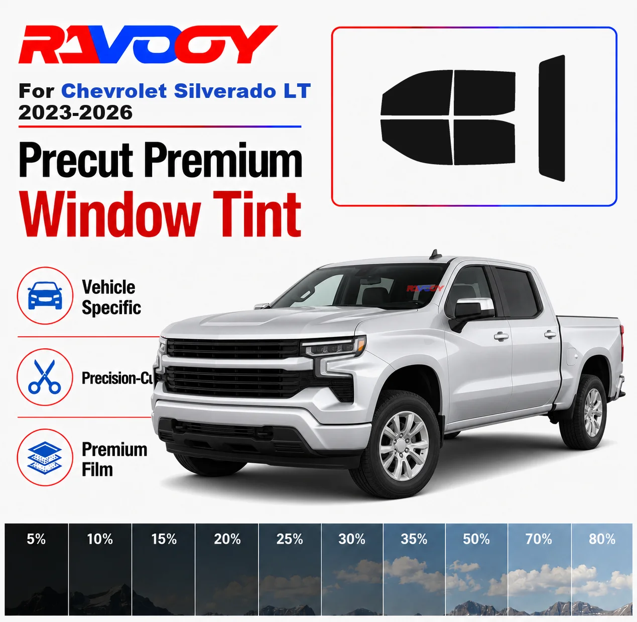 

Premium Precut Window Tint Kit Front Windows Rear Windows Rear Windshield For Chevrolet Silverado LT 2023-2026 Nano Ceramic Film