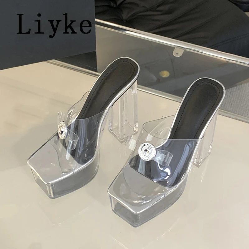 Liyke Runway Style Transparent Platform Slippers Women Sexy Buckle Square Toe Party Stripper Shoes Clear High Heels Sandals Lady