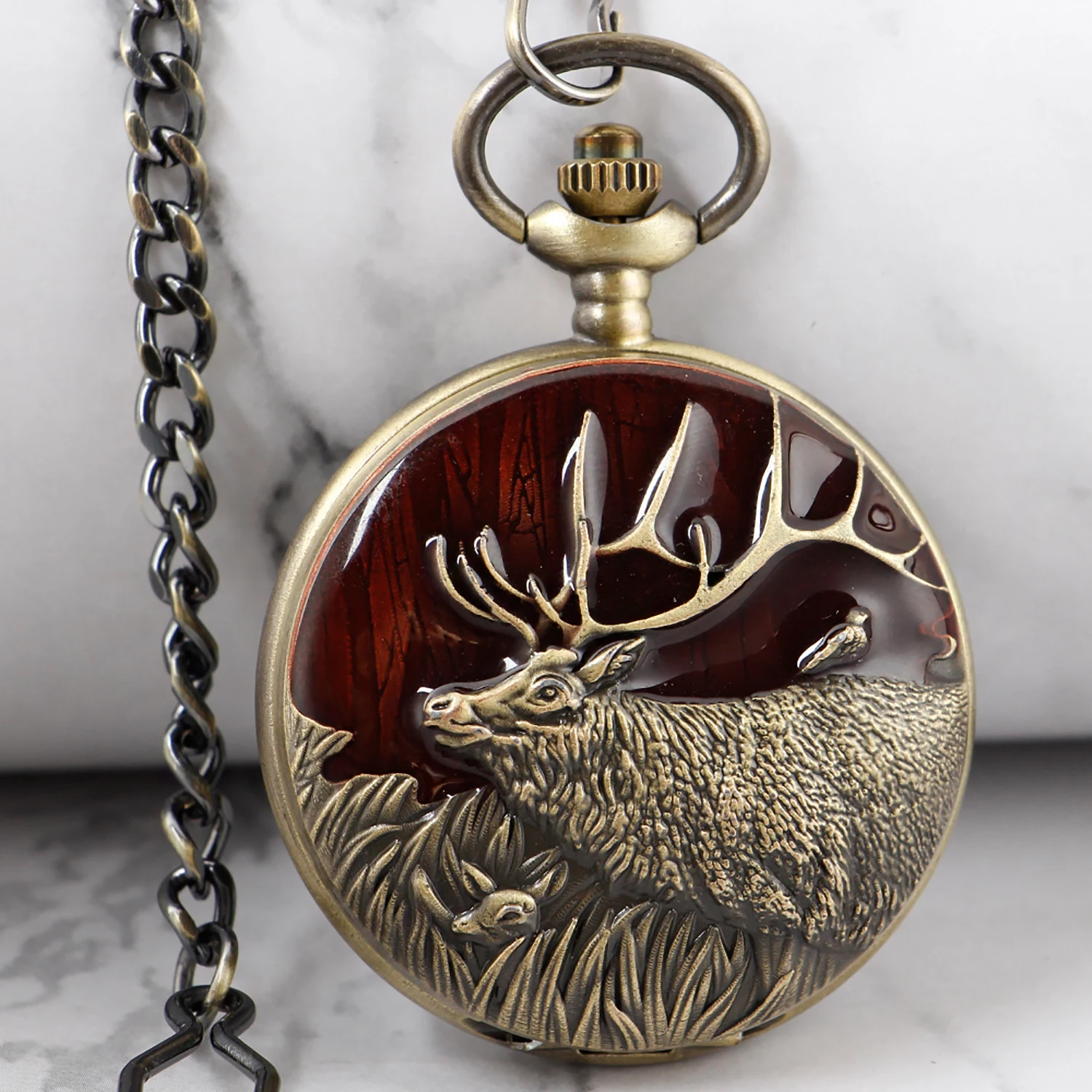 2023 New Ancient Red Deer Carved Pocket Watch Retro Women's Necklace Quartz Clock Chain Men's Gift