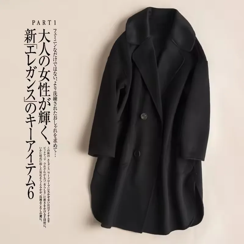 Damski wełniany płaszcz na jesień i zimę 2025, kołnierz wykładany, dwurzędowy, wełniany płaszcz w kolorze camel, ciepły płaszcz damski.