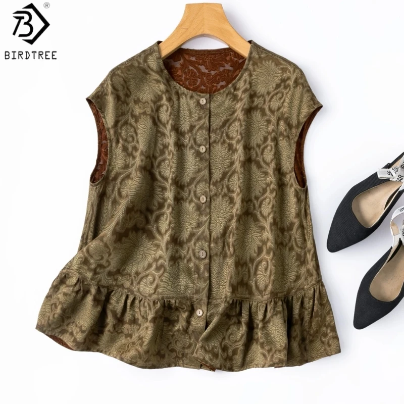 

Birdtree, 100% Real Silk Reversible Vest, O-neck Elegant Tops, Women Clipped‑cut Xiangyunsha Tank Tops, 2026 Summer New T65536JF