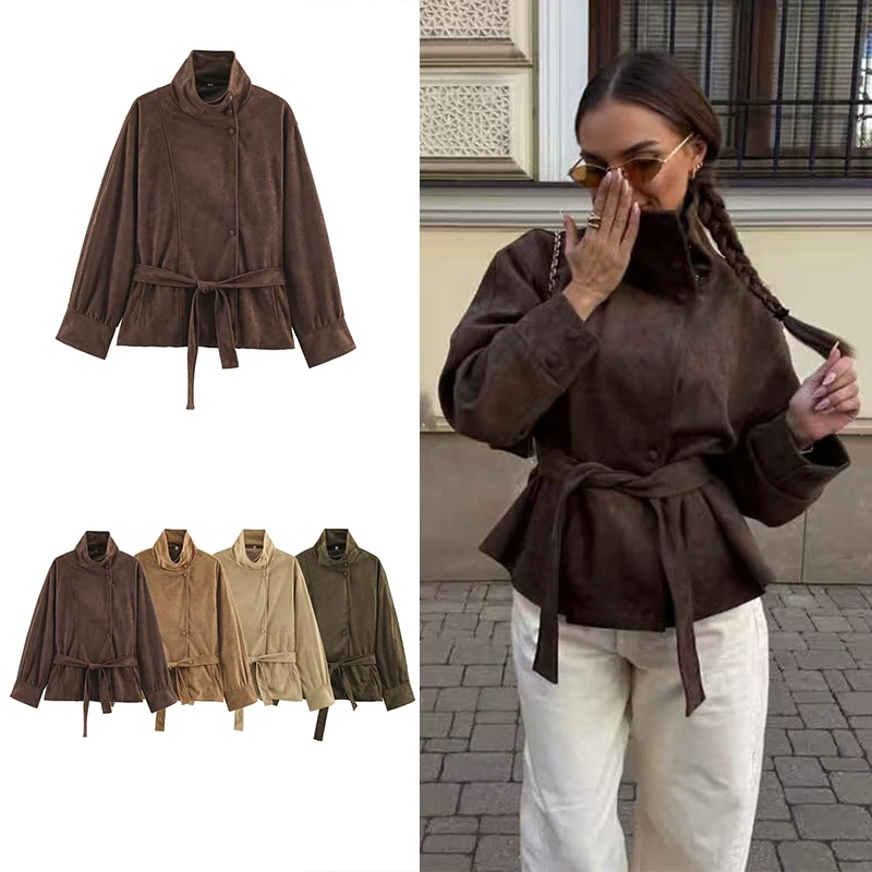 Guobioziy 2026 Winter Ladies High Neck Belted Waist Jacket Relaxed Silhouette Side Pocket Outerwear Stylish Daily Walking Outfit