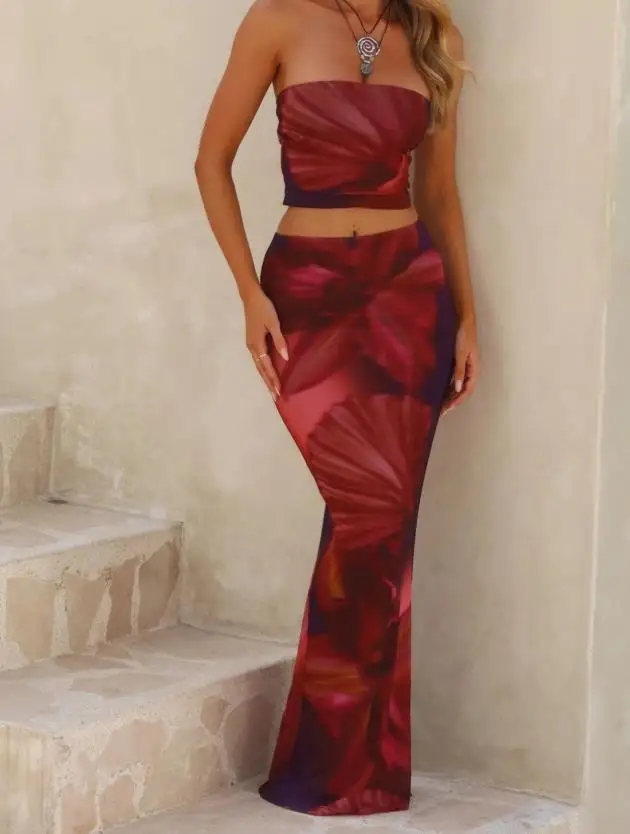 

Skirt Set 2026 Spring and Summer Vacation Strapless Vest Half Body Long Skirt Set Sexy Hip Hugging Elegant Skirt Set for Women