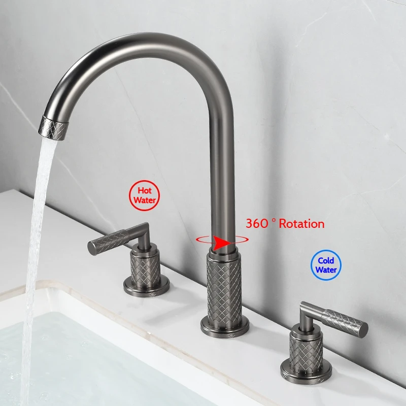 Gold Brass 3 Hole Hot And Cold Bathroom Faucet Deck Mounted Double Handle Split Type Rotatable Grey Widespread Sink Faucets