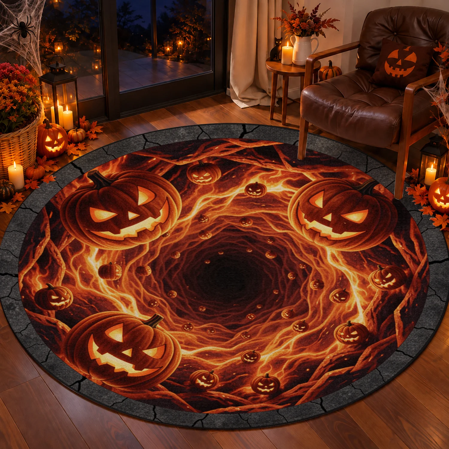 Glowing Halloween Jack O Lanterns Fiery Vortex Round Rug Velvet Machine Washable for Living Room Bedroom Entryway Halloween Thanksgiving Black Friday Christmas New Year