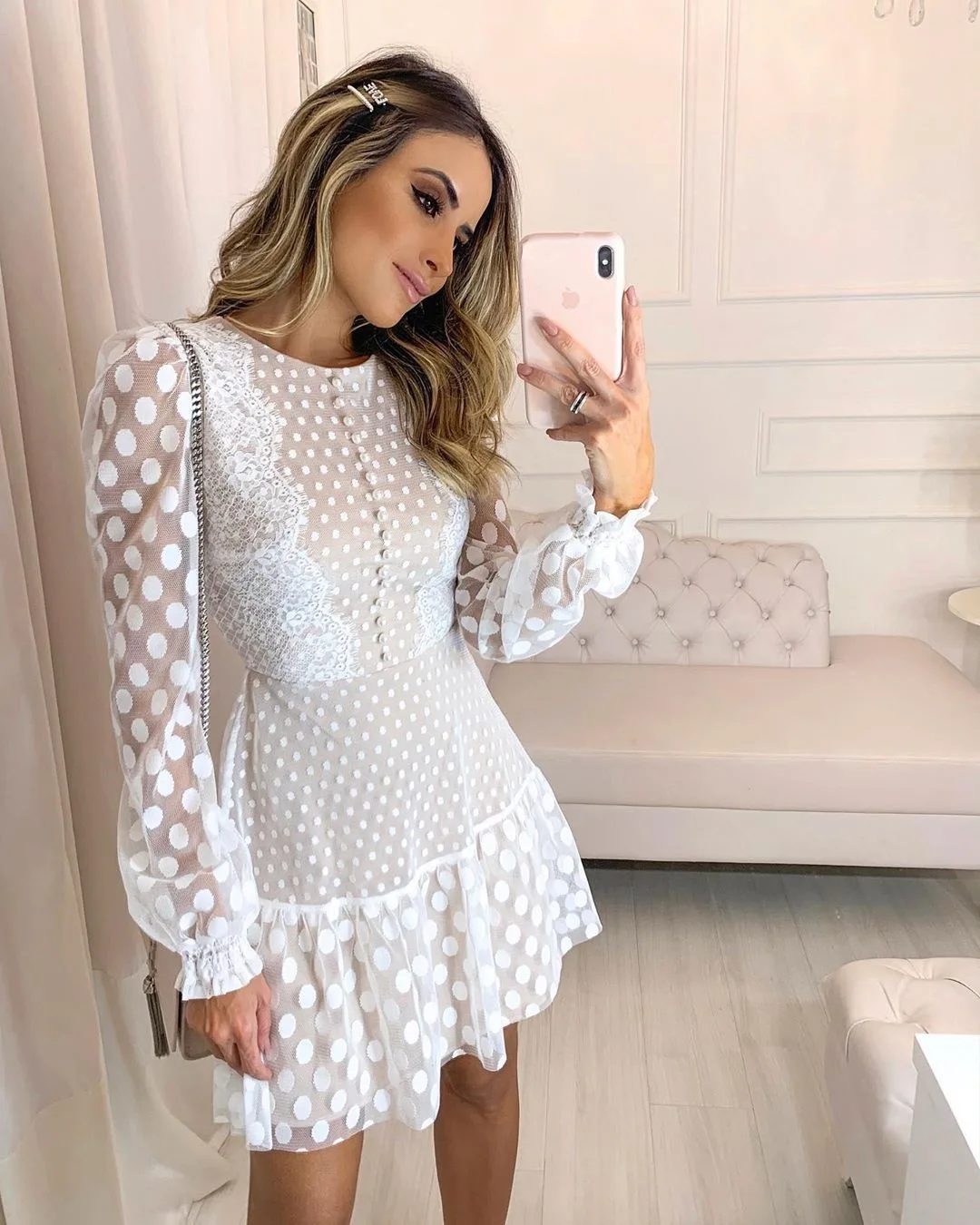 Nieuwe Witte Polka Dot Kant Gesplitst Ronde Hals Lange Mouw Ruche Manchet Midi Jurk Vrouwen Elegante Zoete Mode Jurk Vintage Stijl