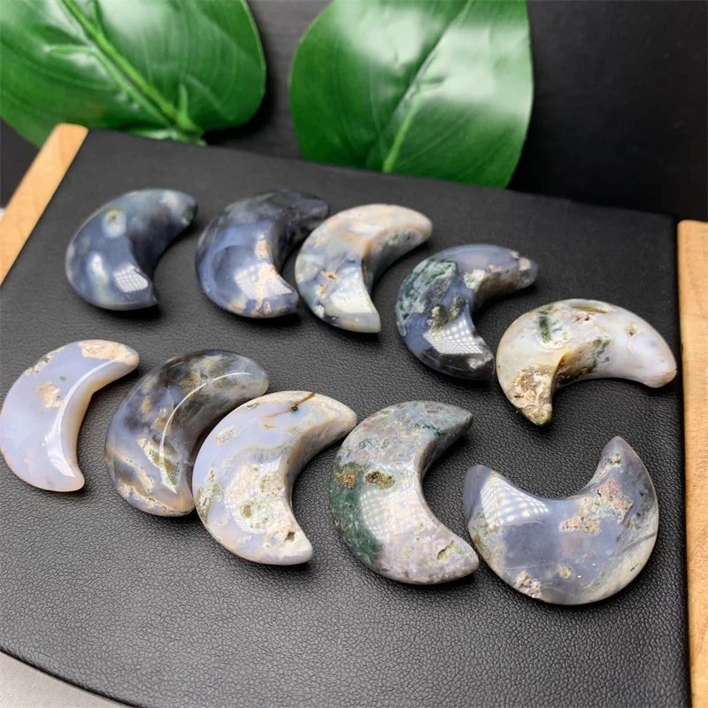 10PCS Natural Moss Agate Moon Hand Made Carving Figurine For Gift Healing Crystal Home Decoration Gift