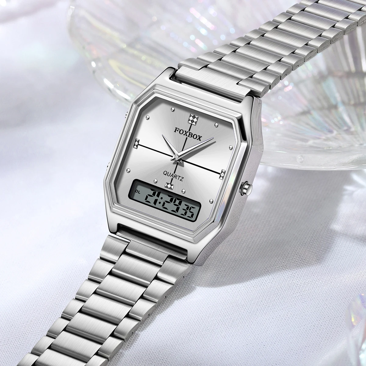 Foxbox Luxury Mens Style Watches Stainless Steel Women LED Digital Dual Display Clock Unisex Waterproof Sport Quartz Women Watch