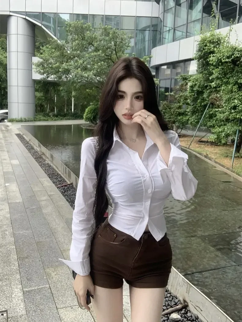 

Women Blouse Hot Girl Pleated Waist Slimming Pure Desire New Chic Design Slimming Slim Fit Long Sleeved Shirt Top