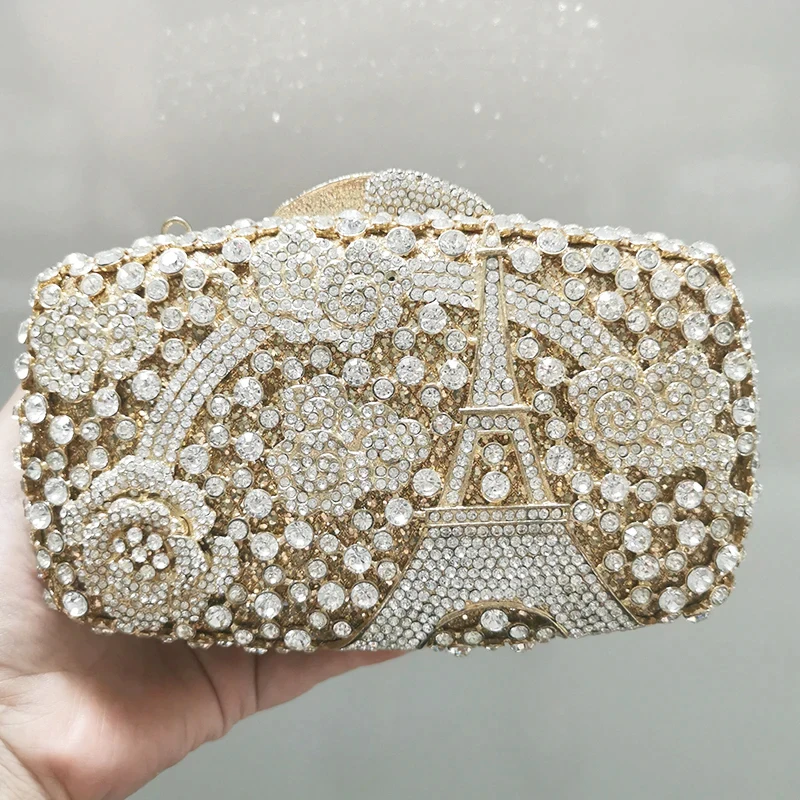 Tower Crystal Evening Clutch Bags Hollow Out Gold Metal Flower Handbags Women Rhinestone Purses Mini Money Coin Purse Wallet