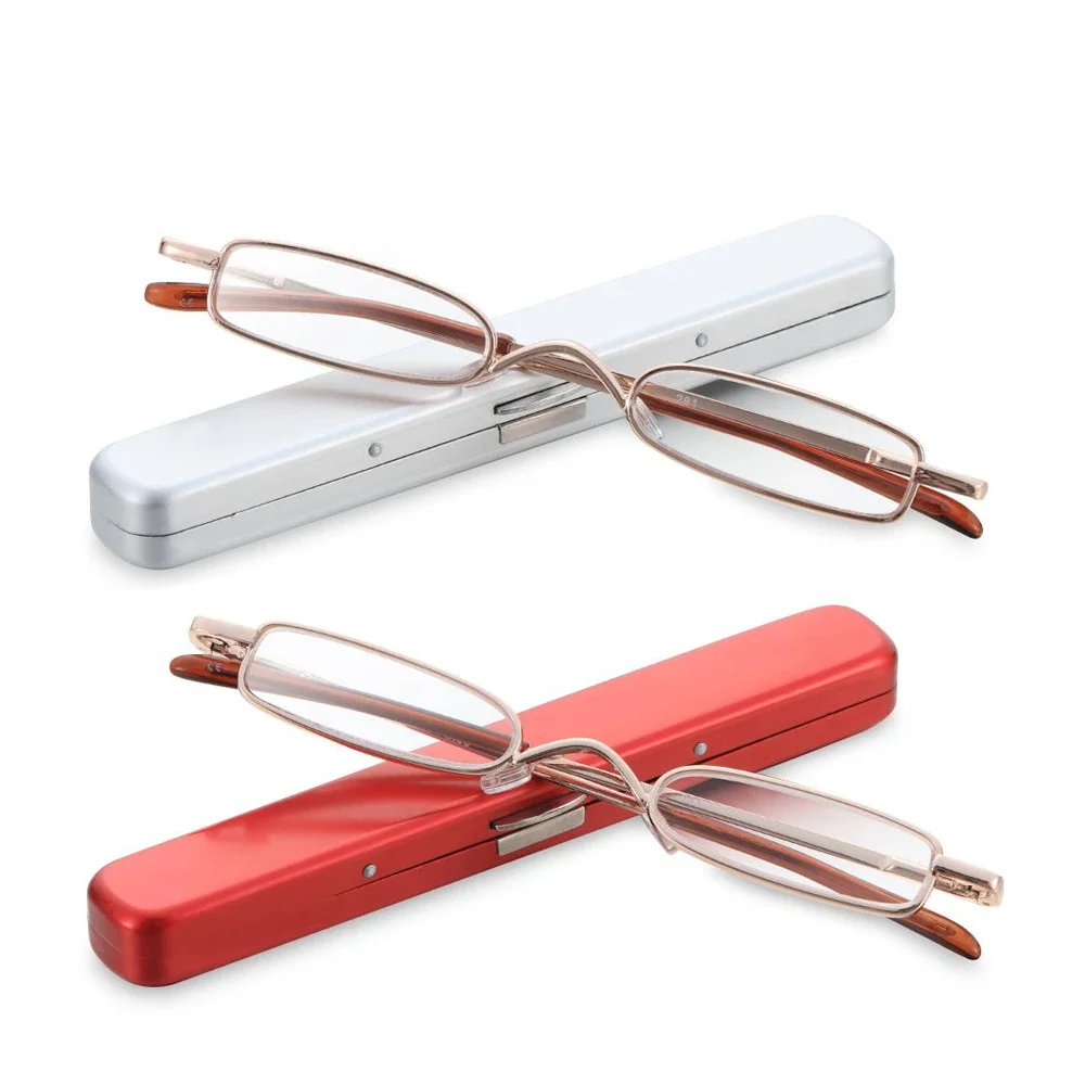 1PC +1.0~+4.0 Slim Small Mini Metal Reading Glasses With Case Portable Light Weigh Resin Lens Presbyopic Eyeglasses Vision Care