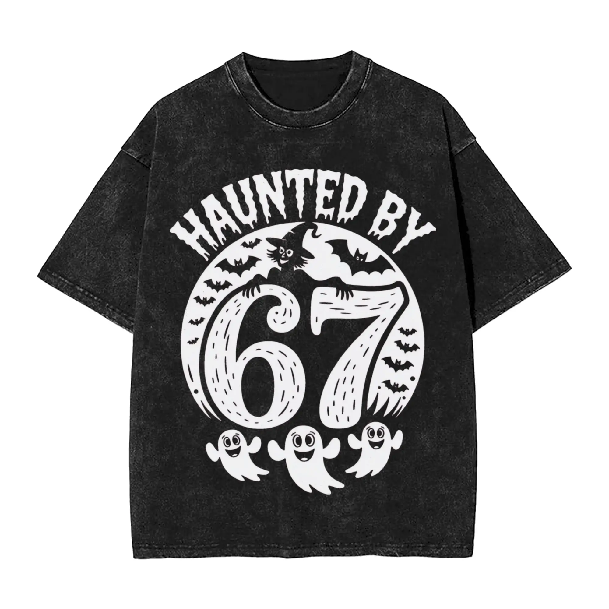 

Vintage Washed T-Shirt 67 Meme Ghosts Haunted By 67 Loose T-Shirts Trending Tee Shirt for Men Summer Y2K Retro Design Tees