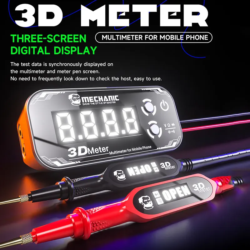 MECHANIC 3.0 3D Multimeter - Voltage/Cap/Resistance Tester, 3-Screen 2000mAh, Gold Probes 0.0001 Precision for Phone Repair