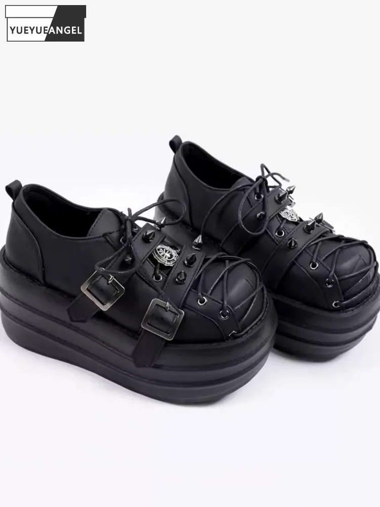 

Women Punk Style Cow Split Leather Thick Platform Shoes Lace Up Round Toe Cosplay Pumps High Heels Wedges Buckle Vintage Shoes