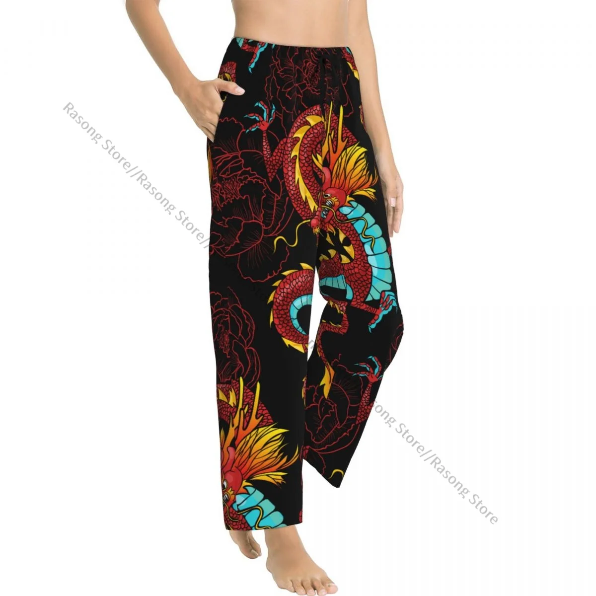 Warm Women Pajama Pants Chinese Dragons And Peonies Sleep Bottoms Soft Loungewear