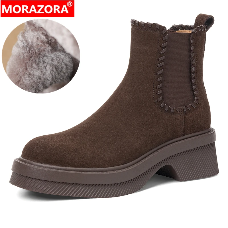 

MORAZORA Cow Suede Leather Chelsea Boots Women Platform Ankle Boots Retro Nature Wool Warm Winter Booties Ladies Shoes