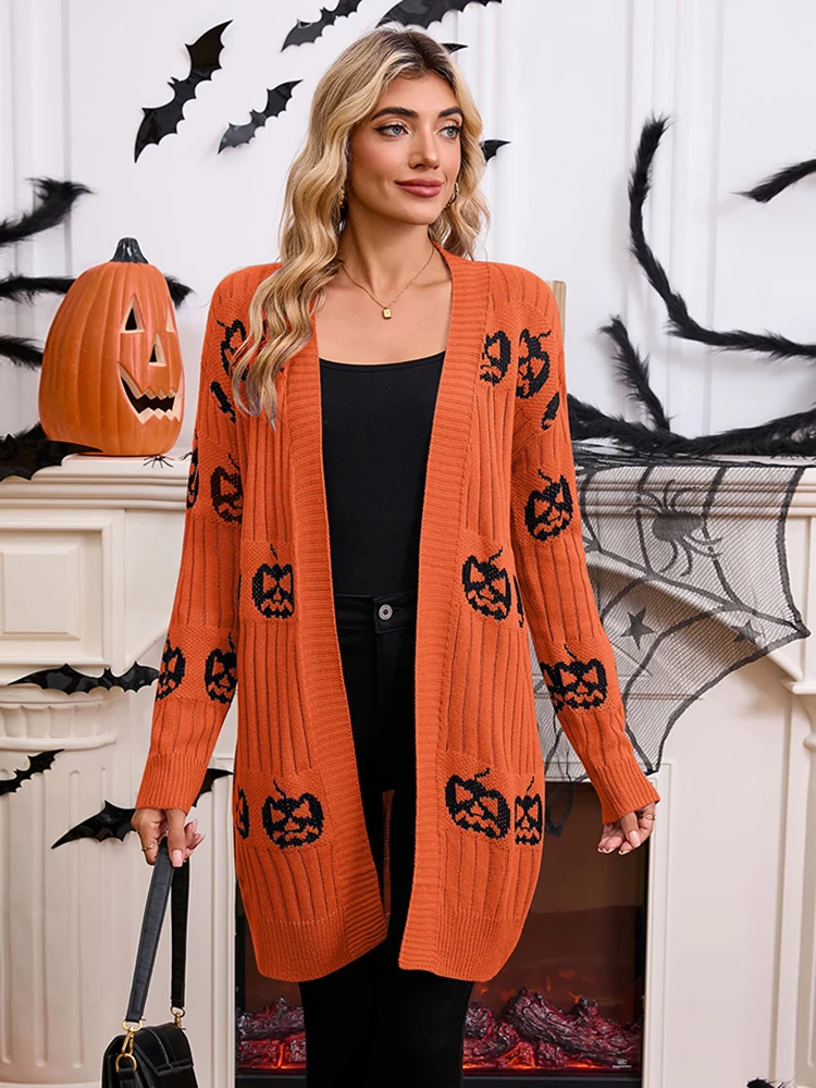 Pumpkin Head Jacquard Knitted Women's Cardigan Halloween Soft Loose Long Sleeve Sweater Fashionable Elegant Mid-length