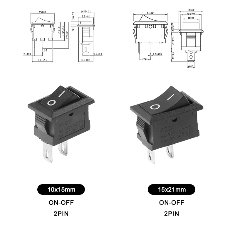 

5/20Pcs/Lot 10*15MM Black Push Button Mini Switch 6A-10A 110V 250V KCD1 2Pin Snap-in on/Off Rocker Switch 21MM*15MM BLACK