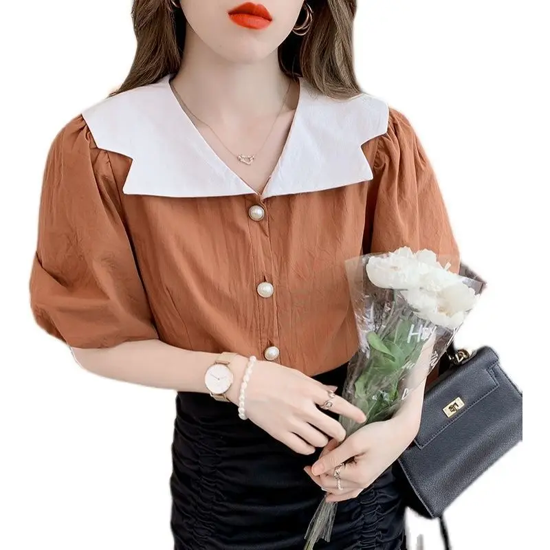 Sweet Contrast Short Shirt Tops Summer New Short Sleeve Solid Color Button Patchwork Blouse Fashion Temperament Women Clothing