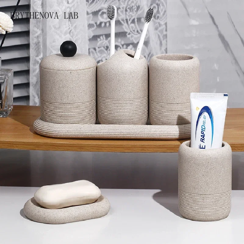 Sand and Gravel Bathroom Kit Gargle Cup Emulsion Toothbrush Bottle Holder Storage Tray Modern Bathroom Decoration Accessories