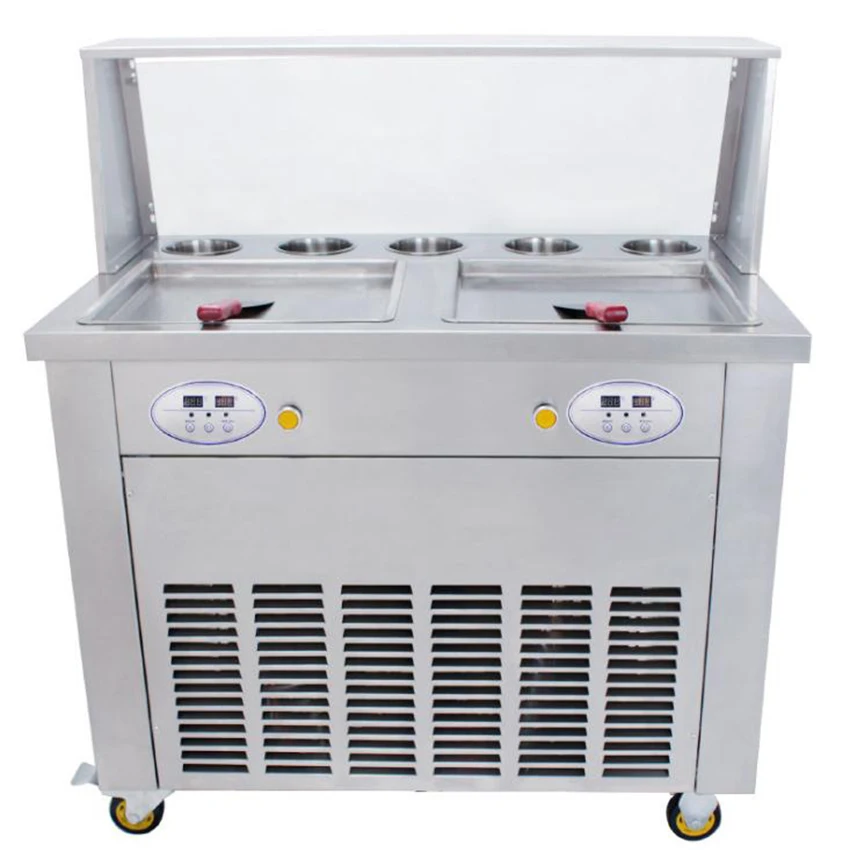 35cm stainless steel 304 air cooling double square pan fried ice cream rolling machine with 5 buckets