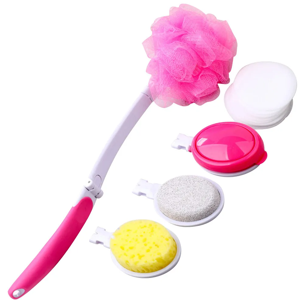 1Set Multi-Head Foldable Shower Brush Long Handle Back Scrubber for Deep Skin Cleansing Oil Removal Body Exfoliation Bath Tool