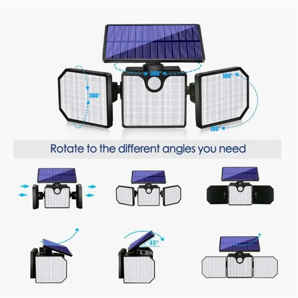 Zonne-Energie Veiligheidslicht 3-Head 90000lm Bewegingssensor Schijnwerper Verstelbare Lamp Houder Buitenwandlamp Ip65 Waterdicht Solar