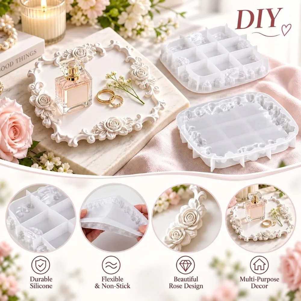 Flexible Silicone Rose Lace Tray Silicone Mold Reusable Easy Release Epoxy Resin Casting Mold Detailed Relief Tear Resistant