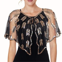 Retro 1920s Beaded Sequin Shawl Vintage Flapper Evening Cape Sheer Mesh Embroidery Leaf Women Bolero Party Accessories