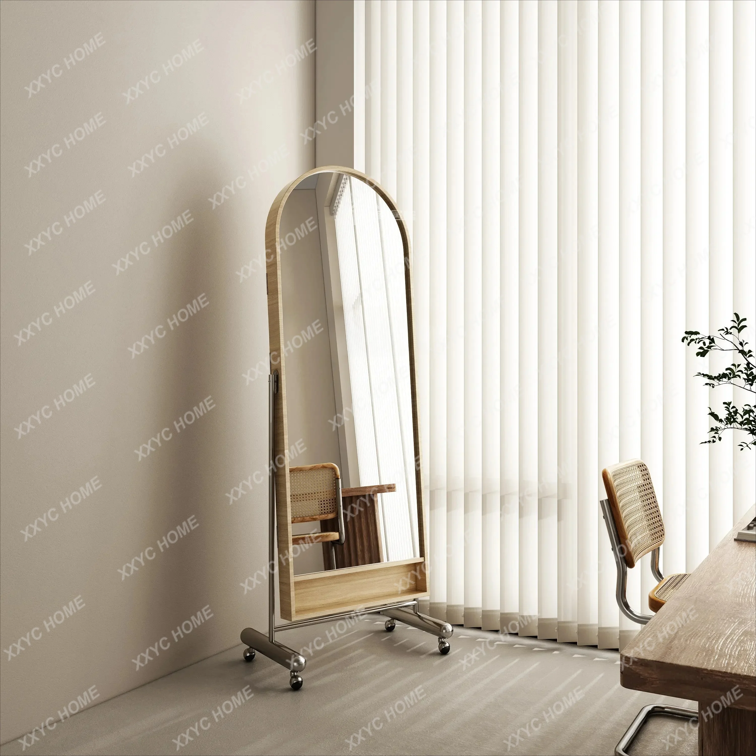 LMedieval Rotatable Full-Length Mirror Stainless Steel Solid Wood Magazine Rack Movable Multifunctional Dressing Mirror