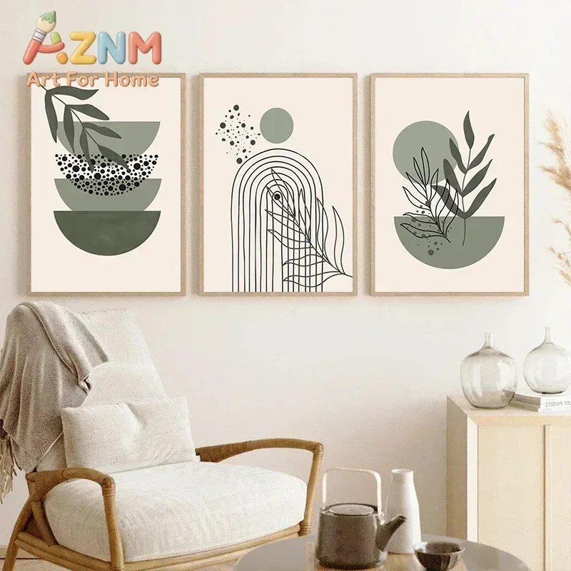 AZNM Sage Green Boho Abstract Canvas Wall Art Mid‑Century Geometric Plant Leaf Line Art Print Unframed Canvas Poster for Living