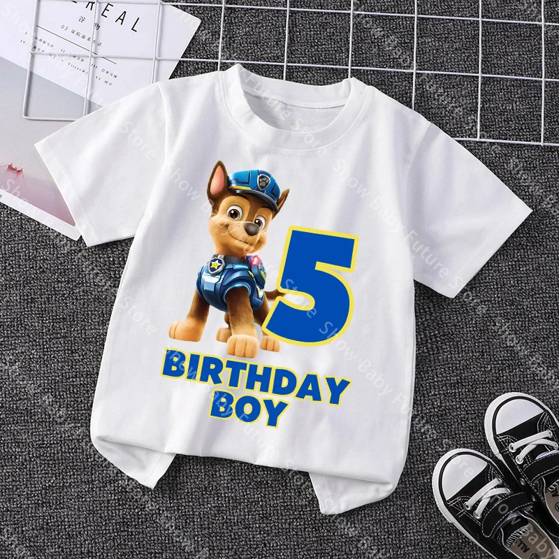 Niedliches Sommer-Baumwoll-T-Shirt für Jungen und Mädchen Cartoon Paw Patrol Chase Geburtstagsnummer T-Shirt Bedruckte Kleidung Anime Tops Geschenke