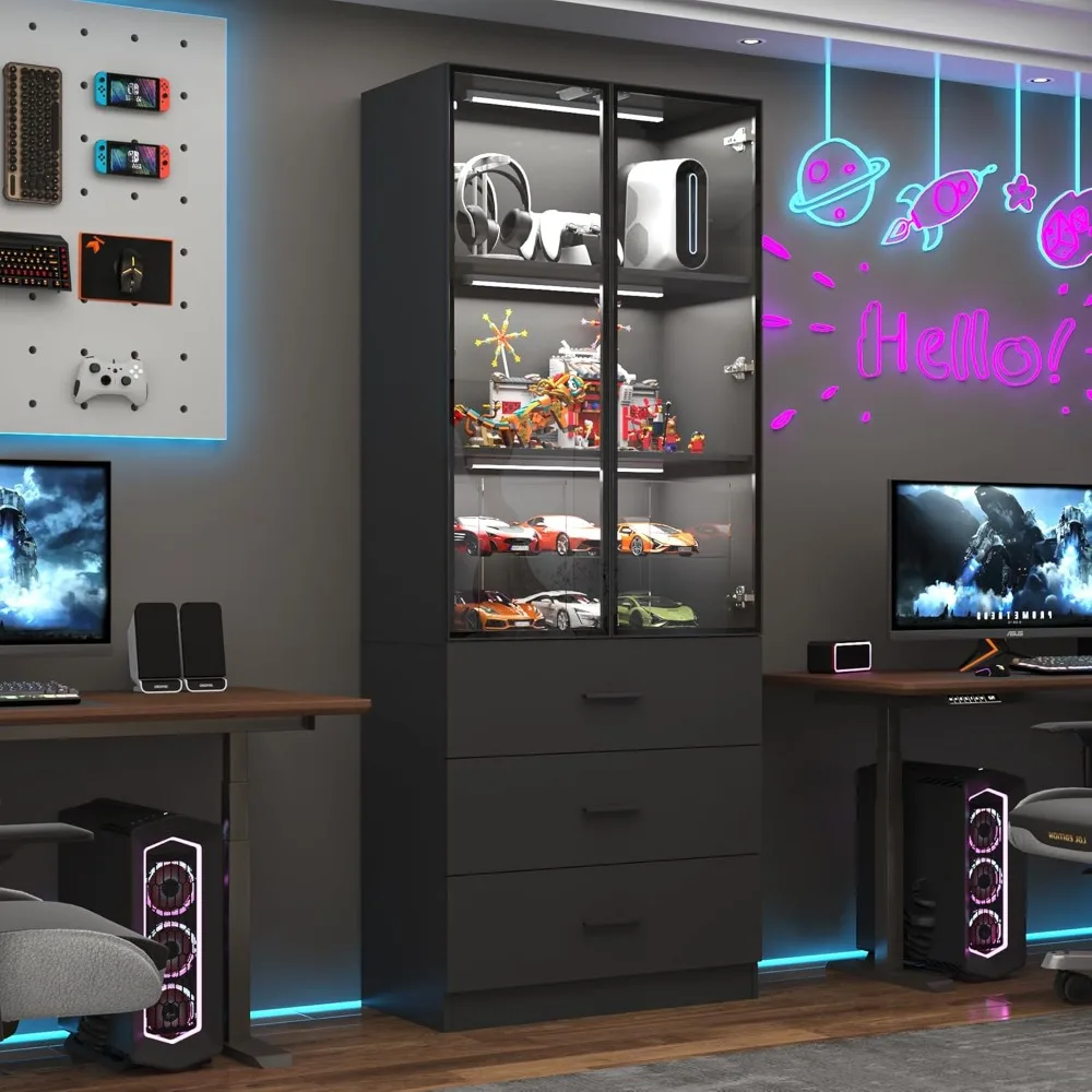 

79" Tall Display Cabinet with LED Sensor Light & Pop-up Glass Doors & Drawers, Modern Bookcase Curio Storage Cabinet for Bedroom