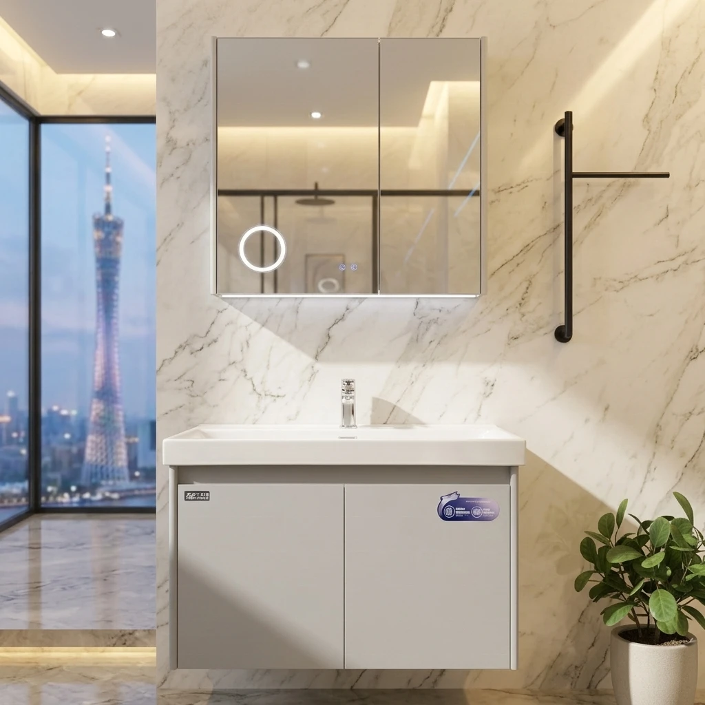 Lady All Aluminum Modern Bathroom Ceramic Basin Sink Vanity Lighted Defogger Demister Mirror | Hotel Use | Easy-to-Clean 70cm
