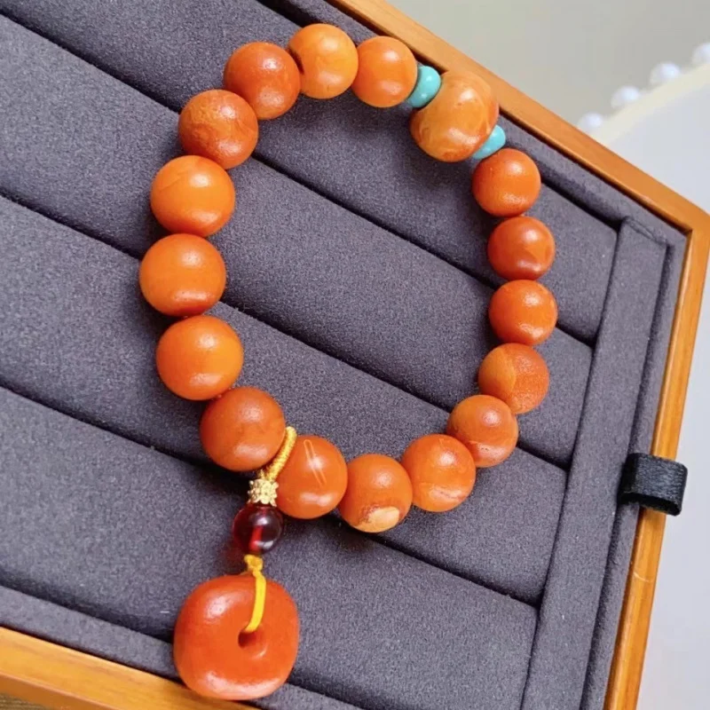 Pulsera Natural con Textura de Cáscara de Naranja Miel, Acabado Mate de Cera Antigua con Ámbar, Aproximadamente 10 mm